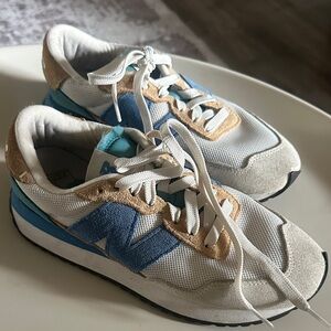 New Balance White and Blue Sneakers with Tan Accents